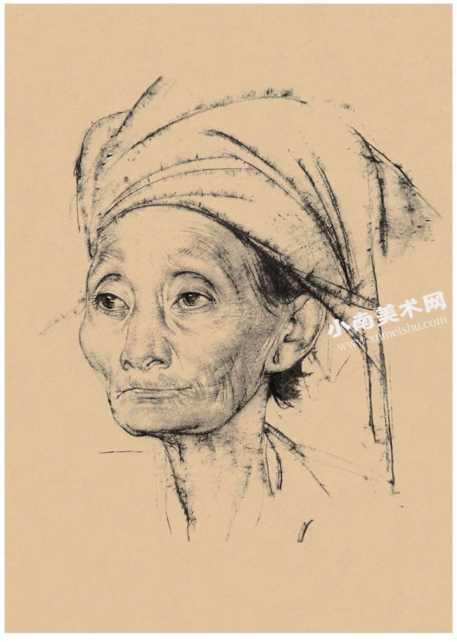 尼古拉•费钦《巴厘岛老妇人》素描作品高清大图