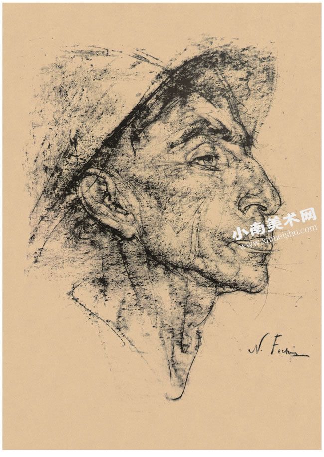 尼古拉•费钦《侧面戴帽子的墨西哥牛仔》素描作品高清大图