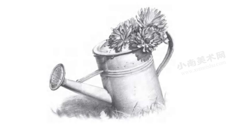 洒水壶与花朵素描绘制步骤图示05